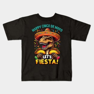 Cinco De Mayo Dinosaur Holding Taco Let's Fiesta Mexican Fun Kids T-Shirt